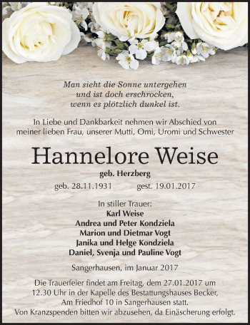 Traueranzeige von Hannelore Weise von Mitteldeutsche Zeitung Sangerhausen