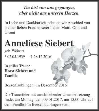 Traueranzeige von Anneliese Siebert von Super Sonntag Bernburg
