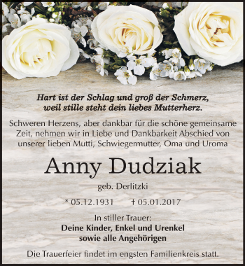 Traueranzeige von Anny Dudziak von Mitteldeutsche Zeitung Köthen