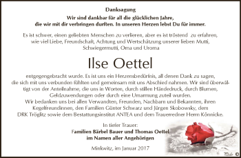 Traueranzeige von Ilse Oettel von Super Sonntag Zeitz