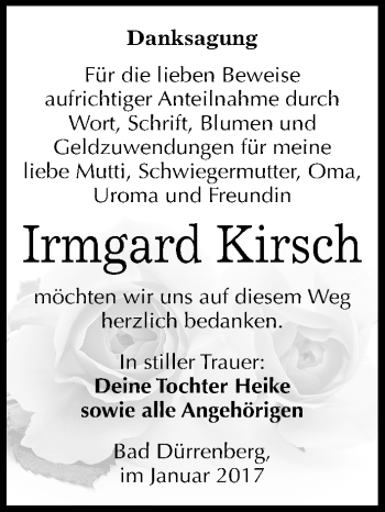 Traueranzeige von Irmgard Kirsch von Mitteldeutsche Zeitung Merseburg/Querfurt