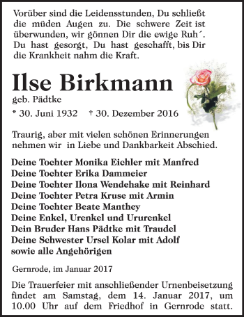 Traueranzeige von Ilse Birkmann von Mitteldeutsche Zeitung Quedlinburg