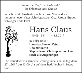 Traueranzeige von Hans Claus von WVG - Wochenspiegel Merseburg