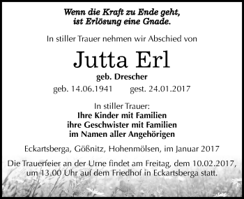 Traueranzeige von Jutta Erl von Mitteldeutsche Zeitung Naumburg/Nebra
