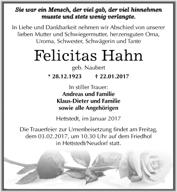 Traueranzeige von Felicitas Hahn von Mitteldeutsche Zeitung Mansfelder Land