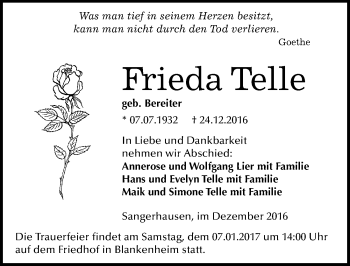 Traueranzeige von Frieda Telle von Mitteldeutsche Zeitung Sangerhausen