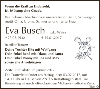 Traueranzeige von Eva Busch von Super Sonntag Zeitz