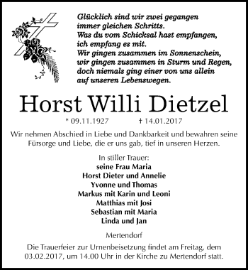Traueranzeige von Horst Willi Dietzel von Mitteldeutsche Zeitung Naumburg/Nebra