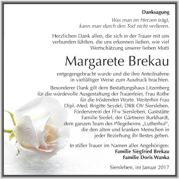 Traueranzeige von Margarete Brekau von Super Sonntag SGH Mansf. Land
