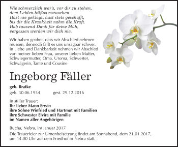 Traueranzeige von Ingeborg Fäller von Mitteldeutsche Zeitung Naumburg/Nebra