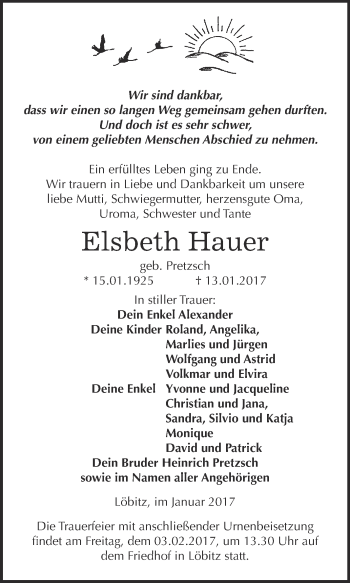Traueranzeige von Elsbeth Hauer von WVG - Wochenspiegel NMB / WSF / ZTZ