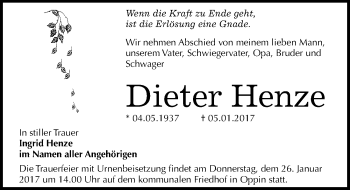 Traueranzeige von Dieter Henze von Mitteldeutsche Zeitung Halle/Saalkreis