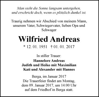 Traueranzeige von Wilfried Andreas von Mitteldeutsche Zeitung Sangerhausen