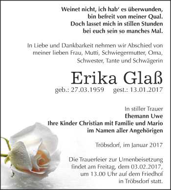 Traueranzeige von Erika Glaß von WVG - Wochenspiegel NMB / WSF / ZTZ