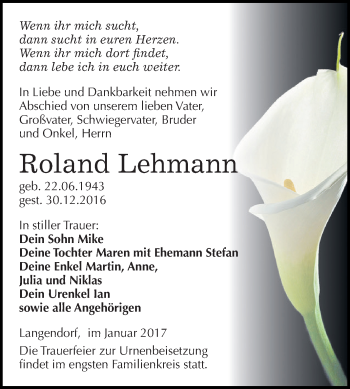 Traueranzeige von Roland Lehmann von WVG - Wochenspiegel NMB / WSF / ZTZ