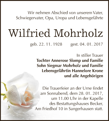 Traueranzeige von Wilfried Mohrholz von Super Sonntag SGH Mansf. Land