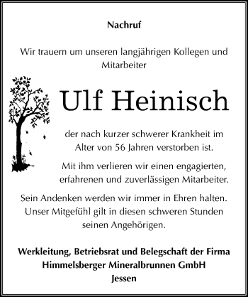 Traueranzeige von Ulf Heinisch von Mitteldeutsche Zeitung Wittenberg