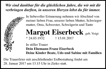 Traueranzeige von Margot Eiserbeck von Mitteldeutsche Zeitung Wittenberg