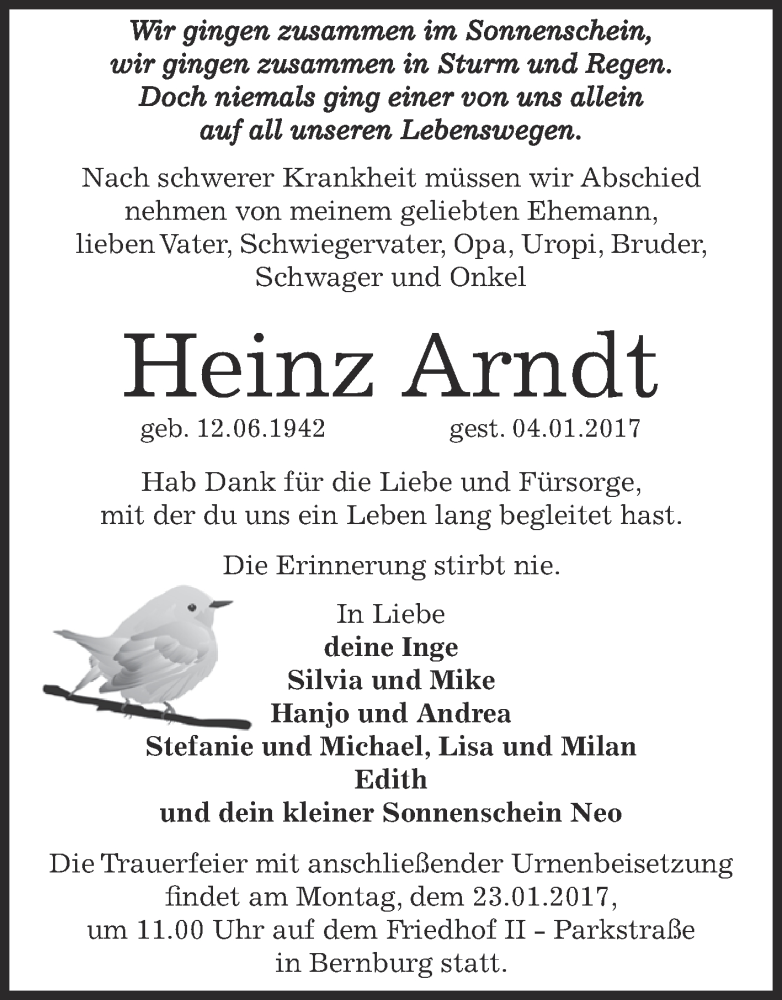  Traueranzeige für Heinz Arndt vom 14.01.2017 aus Super Sonntag Bernburg
