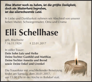 Traueranzeige von Elli Schellhase von Super Sonntag Wittenberg