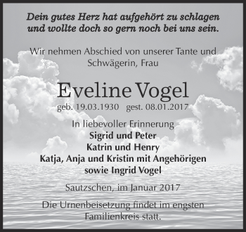 Traueranzeige von Eveline Vogel von Super Sonntag Zeitz