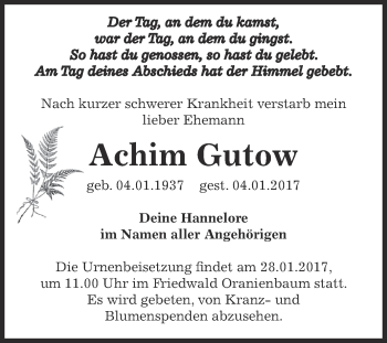 Traueranzeige von Achim Gutow von WVG - Wochenspiegel Dessau / Köthen