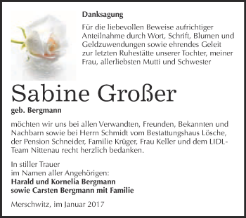 Traueranzeige von Sabine Großer von WVG - Wochenspiegel Wittenberg