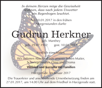 Traueranzeige von Gudrun Herkner von Mitteldeutsche Zeitung Quedlinburg