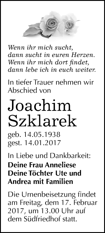Traueranzeige von Joachim Szklarek von Mitteldeutsche Zeitung Halle/Saalkreis
