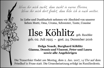 Traueranzeige von Ilse Köhlitz von Mitteldeutsche Zeitung Aschersleben