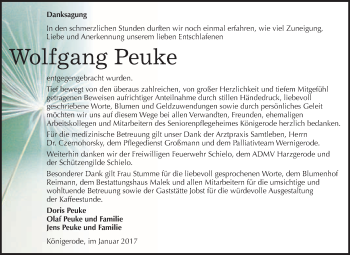 Traueranzeige von Wolfgang Peuke von Super Sonntag Quedlinburg