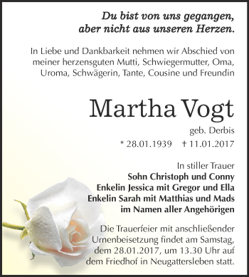 Traueranzeige von Martha Vogt von Super Sonntag Bernburg