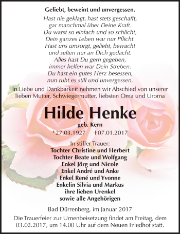 Traueranzeige von Hilde Henke von Mitteldeutsche Zeitung Merseburg/Querfurt
