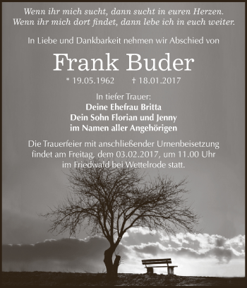 Traueranzeige von Frank Buder von Super Sonntag SGH Mansf. Land