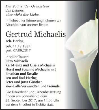 Traueranzeige von Gertrud Michaelis von Mitteldeutsche Zeitung Wittenberg