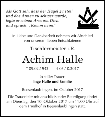 Traueranzeige von Achim Halle von Mitteldeutsche Zeitung Bernburg