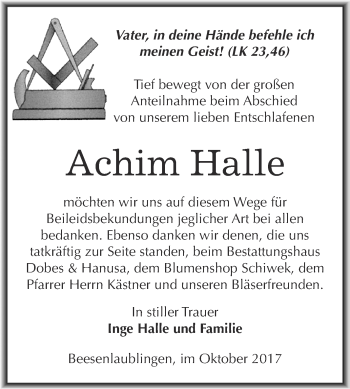 Traueranzeige von Achim Halle von Super Sonntag Bernburg