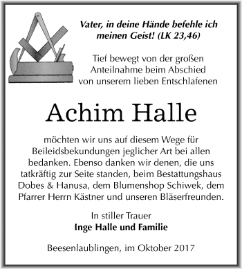 Traueranzeige von Achim Halle von Mitteldeutsche Zeitung Bernburg