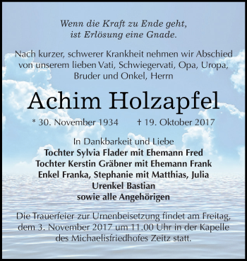 Traueranzeige von Achim Holzapfel von Super Sonntag Zeitz