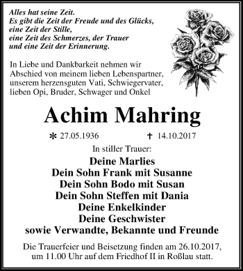 Traueranzeige von Achim Mahring von Mitteldeutsche Zeitung Dessau-Roßlau