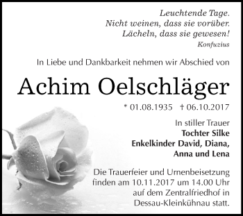 Traueranzeige von Achim Oelschläger von WVG - Wochenspiegel Dessau / Köthen