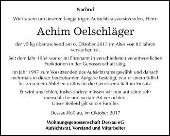 Traueranzeige von Achim Oelschläger von Mitteldeutsche Zeitung Dessau-Roßlau