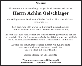 Traueranzeige von Achim Oelschläger von Super Sonntag Dessau / Köthen