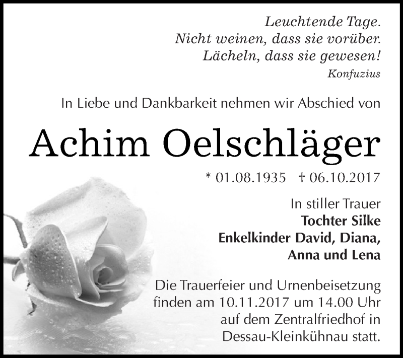  Traueranzeige für Achim Oelschläger vom 14.10.2017 aus WVG - Wochenspiegel Dessau / Köthen