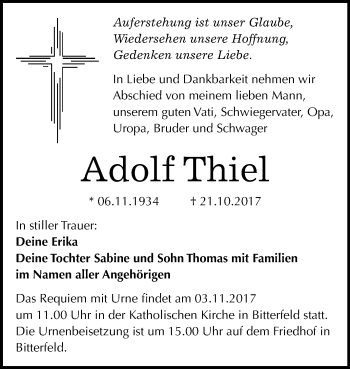 Traueranzeige von Adolf Thiel von Mitteldeutsche Zeitung Bitterfeld