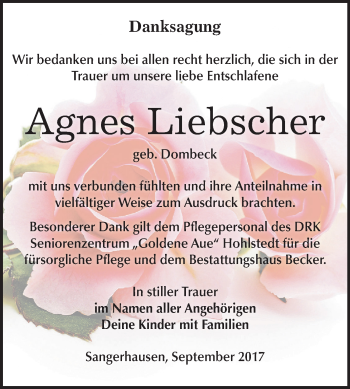 Traueranzeige von Agnes Liebscher von Mitteldeutsche Zeitung Sangerhausen