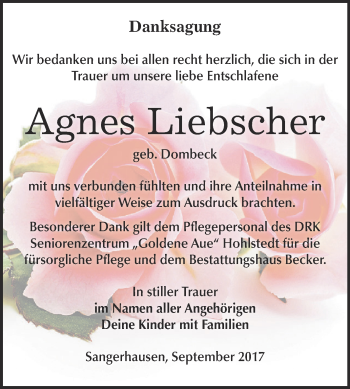 Traueranzeige von Agnes Liebscher von Super Sonntag SGH Mansf. Land