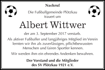 Traueranzeige von Albert Wittwer von Super Sonntag Bernburg