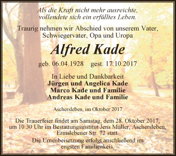 Traueranzeige von Alfred Kade von Super Sonntag Aschersleben