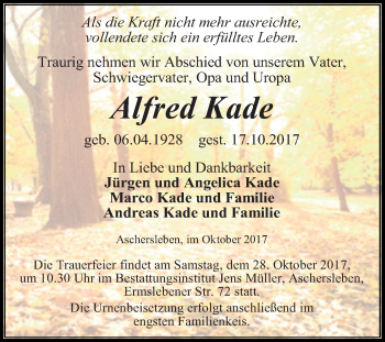 Traueranzeige von Alfred Kade von Mitteldeutsche Zeitung Aschersleben